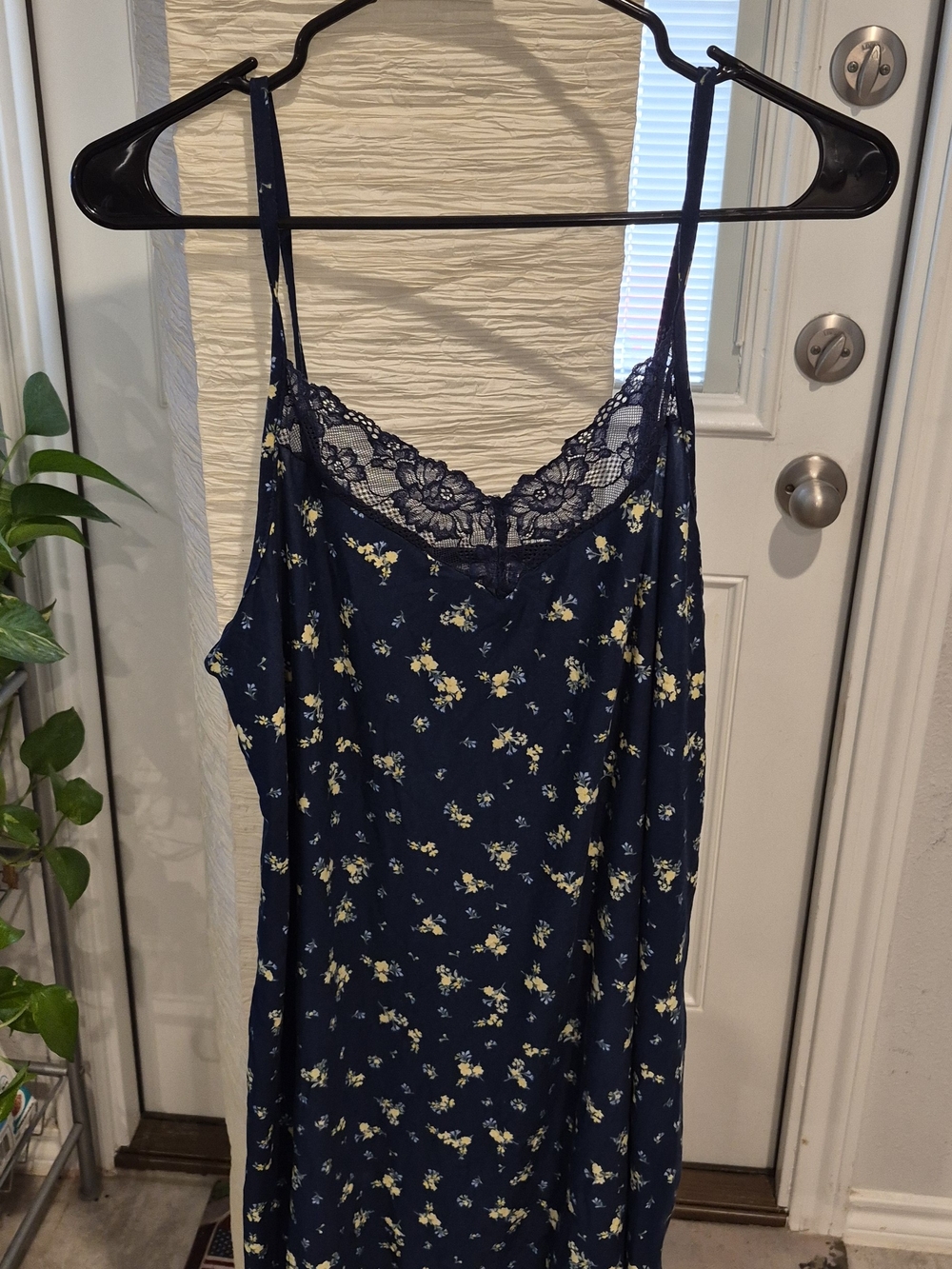 Navy Floral Lace-Trim Sleep Slip with Yellow Accent